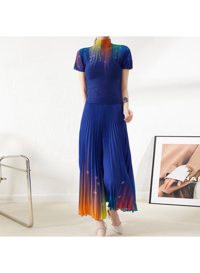Sanzhai Women's Pleated Suit Top Women's T-shirt All-match Skirt Slimming Fashion Printed Two-piece Summer Wear