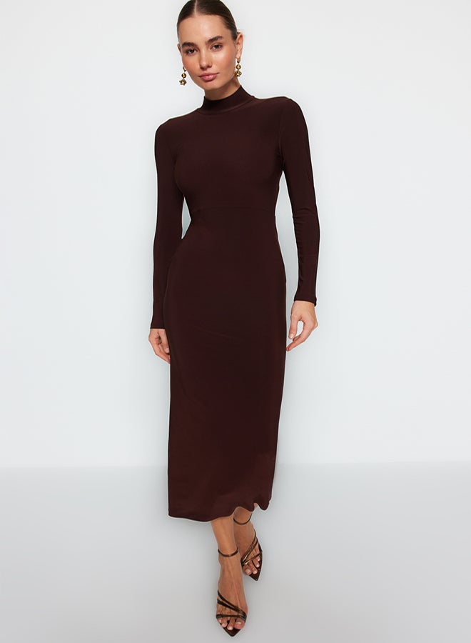 trendyol Brown High Collar Fitted Maxi Flexible Knitted Pencil Dress TWOAW24EL00614 - Image 1