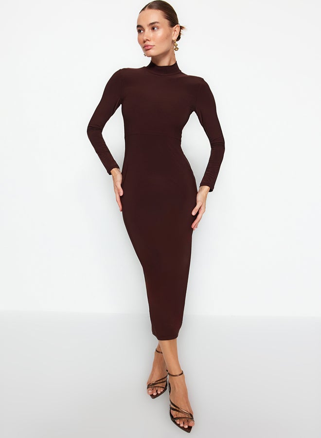 trendyol Brown High Collar Fitted Maxi Flexible Knitted Pencil Dress TWOAW24EL00614 - Image 3