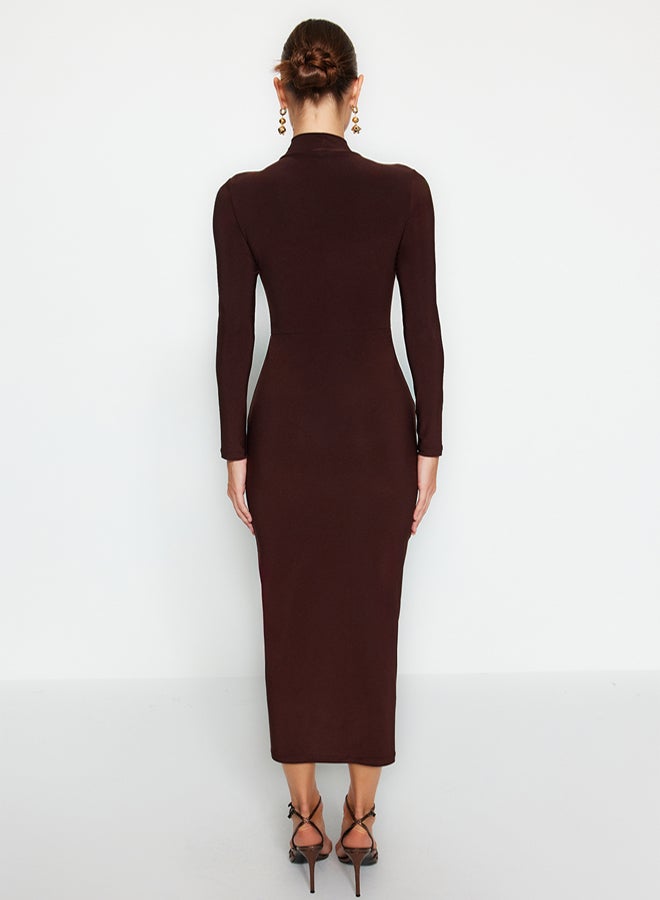 trendyol Brown High Collar Fitted Maxi Flexible Knitted Pencil Dress TWOAW24EL00614 - Image 5