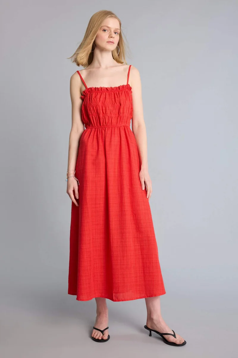 ديفاكتو Square Collar Linen Look Midi Dress