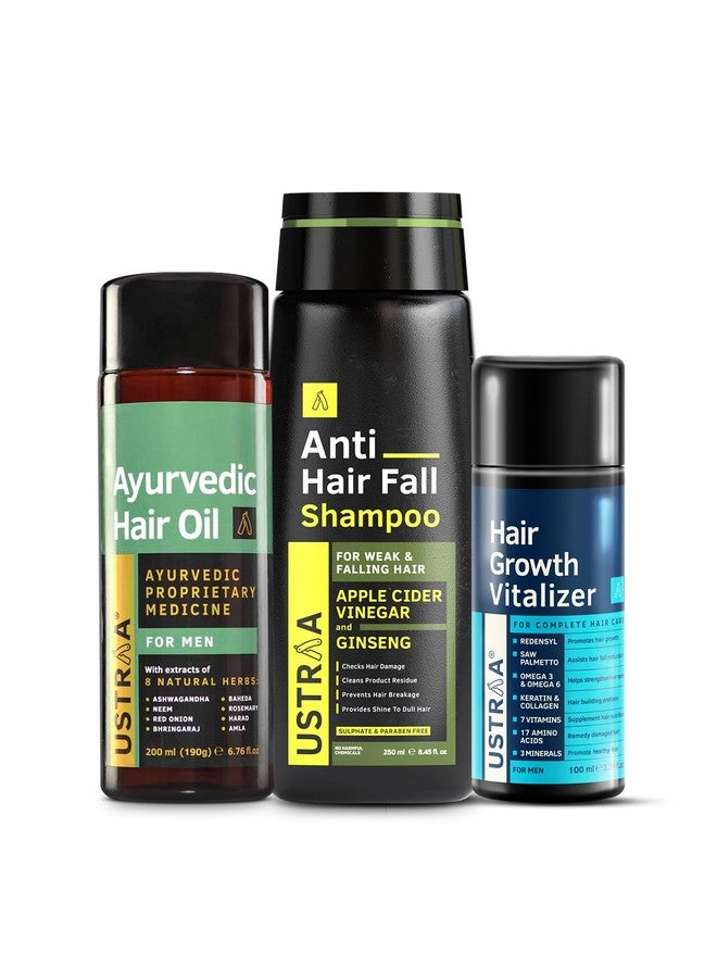 USTRAA Hair Growth Vitalizer - 100ml - Boost hair growth, Anti Hair Fall Shampoo 250ml - Clinically tested to reduce hairfall by 64% & Ayurvedic Hair Oil 200ml - with 8 Natural Herb extracts - Image 1