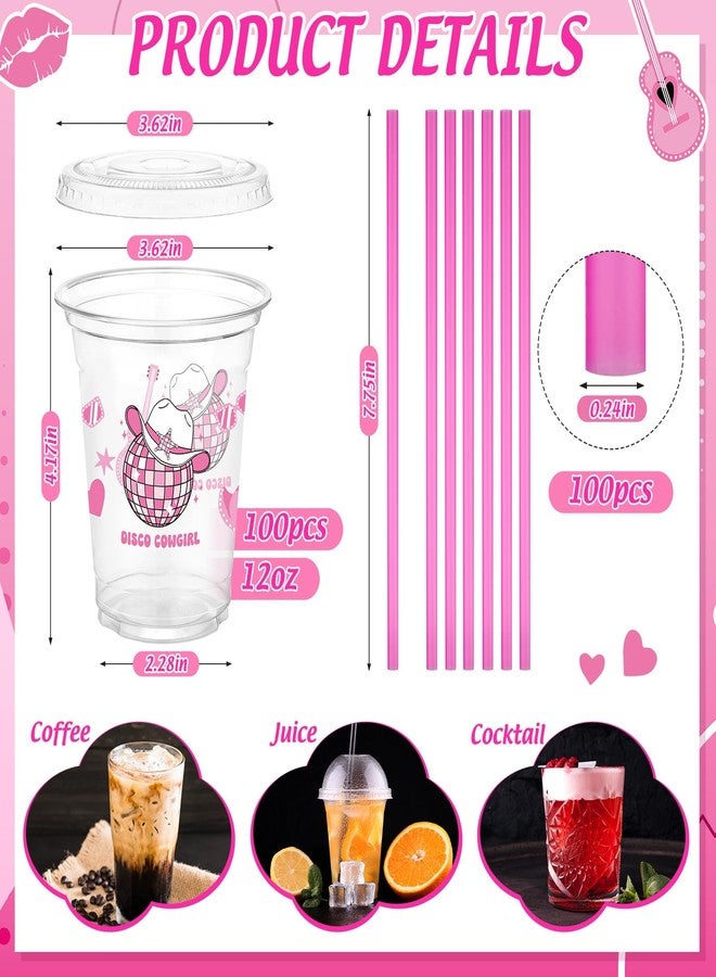 Blushtier أكواب بلاستيكية كاوبوي بغطاء وقشة وردية 100 مجموعة سعة 12 أونصة من بلشتير، أكواب قابلة لإعادة الاستخدام لزينة الحفلات، هدية للنساء - Image 2