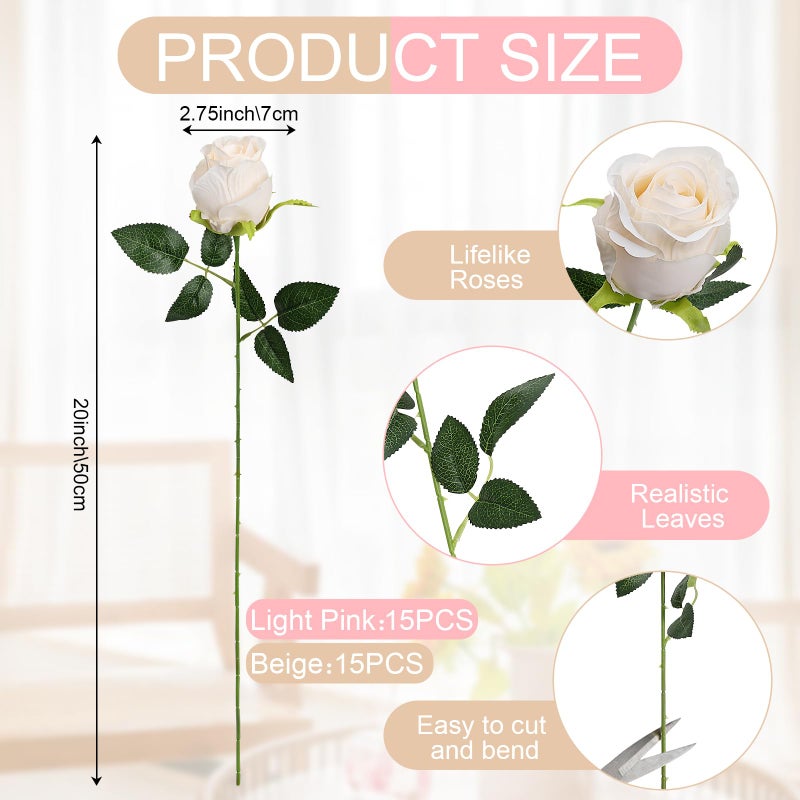 Tobilu Roses Artificial Flowers - 30 PCS Pink Fake Silk Rose with Stems Bulk Faux Floral Arrangement for DIY Wedding Bouquet Bridal Shower Table Centerpieces Home Party Decor - Pink White - Image 2