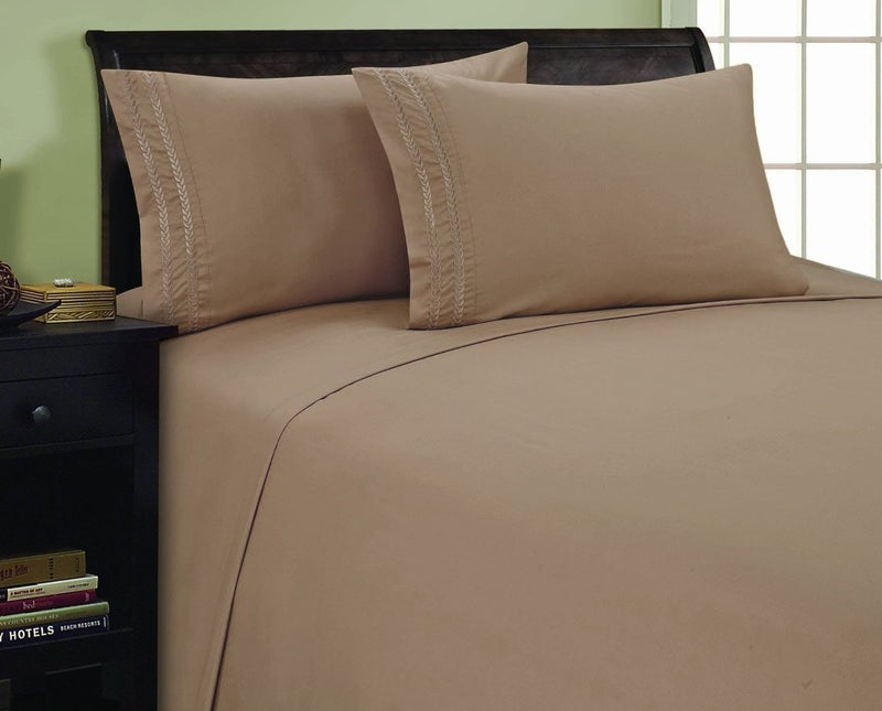 Elegance Linen 1500 Thread Count 3-Line Egyptian Quality Microfiber Luxurious Silky Soft Wrinkle & Fade Resistant 4 pc Sheet Set, Deep Pocket Up to 16" - Queen Taupe - Image 1