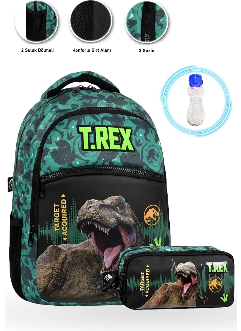Masho Trend 3 Compartment Target Trex School Bag + Pencil Case + Water Bottle - Dino Bag Primary School Bag Boys School Bag