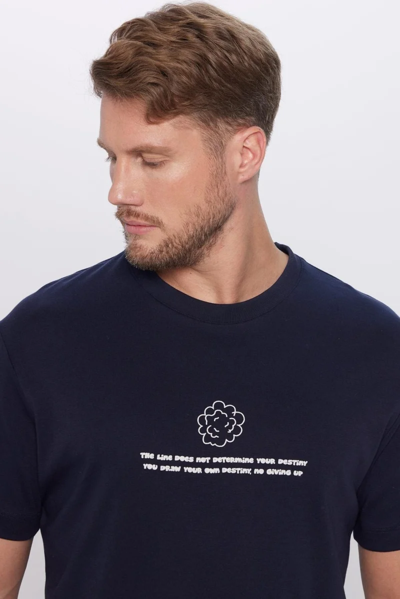 تودورس Men's Relax Fit Comfortable Cut 100% Organic Cotton Soft Texture Navy Blue Crew Neck T-Shirt