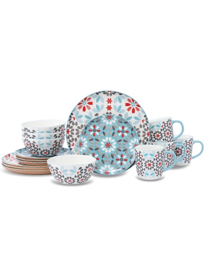 Lorren Home Trends Bone China 16Piece Dinnerware Set Floral Pattern with Blue and Red Microwave and Dishwasher Safe Service for 4 - Image 1