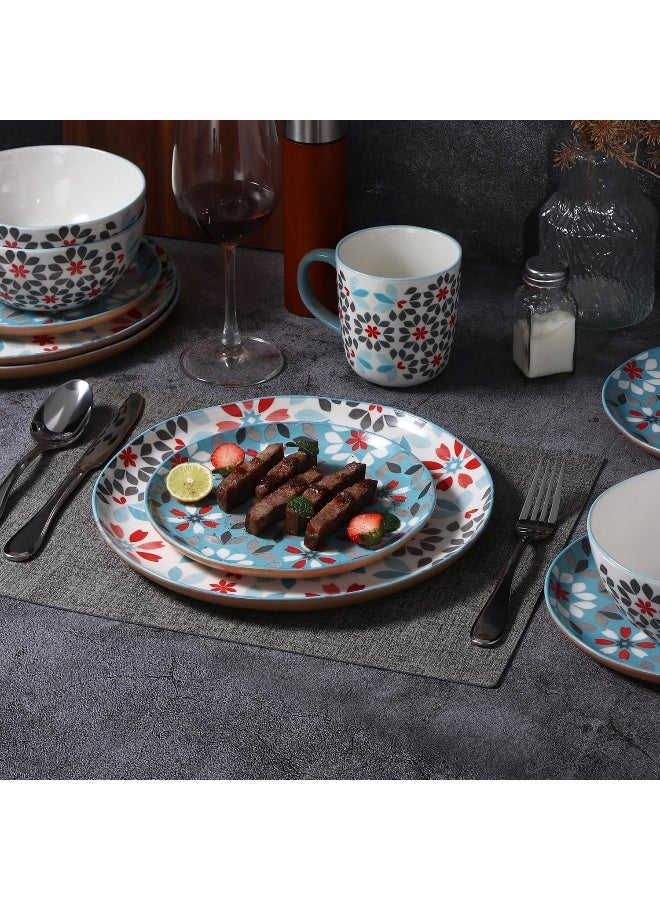 Lorren Home Trends Bone China 16Piece Dinnerware Set Floral Pattern with Blue and Red Microwave and Dishwasher Safe Service for 4 - Image 3