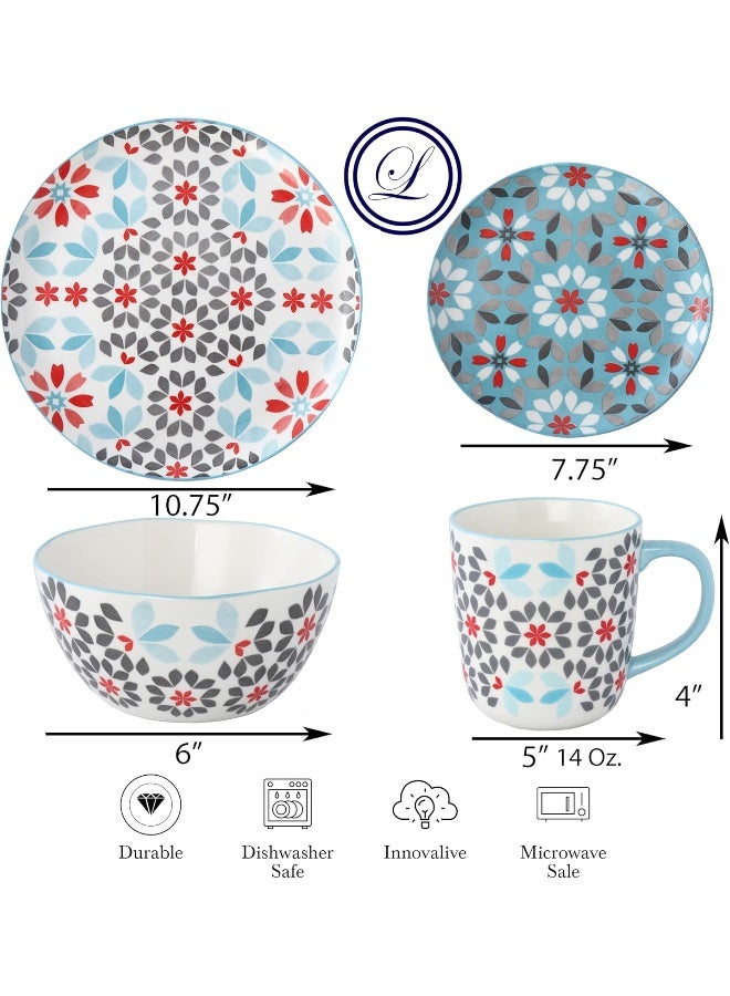 Lorren Home Trends Bone China 16Piece Dinnerware Set Floral Pattern with Blue and Red Microwave and Dishwasher Safe Service for 4 - Image 2