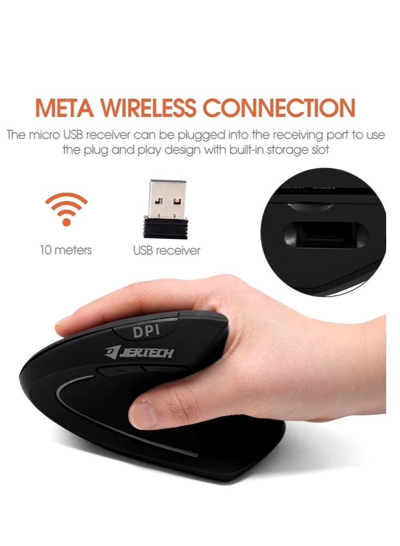 JERTECH JR322 Vertical Mouse Wireless – Rechargeable 2.4G Connection – 6 Buttons Silent Click – 500mAh lithium battery & On/Off button – 2400DPI Optical Sensor – For Mac & Win | Black - Image 2