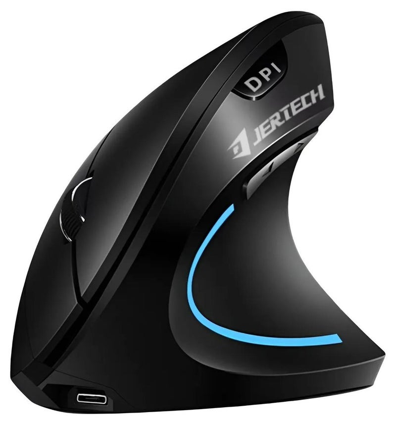JERTECH JR322 Vertical Mouse Wireless – Rechargeable 2.4G Connection – 6 Buttons Silent Click – 500mAh lithium battery & On/Off button – 2400DPI Optical Sensor – For Mac & Win | Black - Image 1