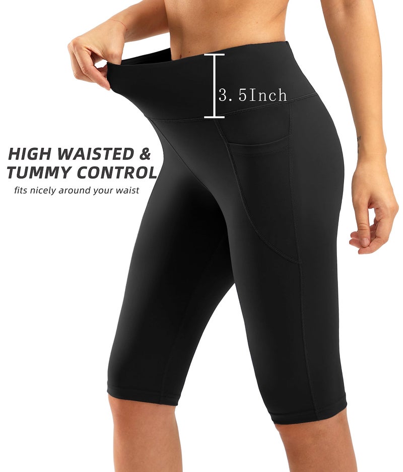 SANTINY Women's Knee Length Capri Leggings with Pockets High Waisted Workout Exercise Yoga Capris Pants for Women (Black_XL) - Image 3
