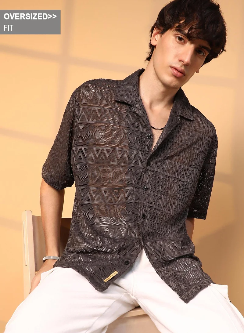 Campus Sutra Campus Sutra Men's Chocolate Brown Conoid Knit Oversized Shirt For Casual Wear | Cuban Collar | Short Sleeve | Button Closure | Oversized Shirt Crafted With Comfort Fit For Everyday Wear