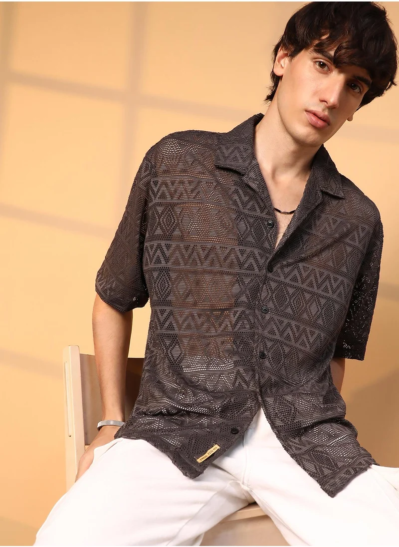 Campus Sutra Men's Chocolate Brown Conoid Knit Oversized Shirt