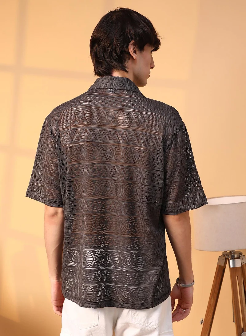 Campus Sutra Men's Chocolate Brown Conoid Knit Oversized Shirt