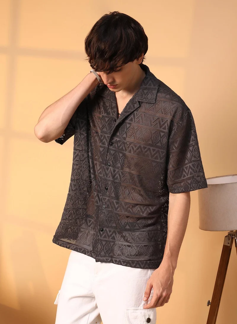 Campus Sutra Men's Chocolate Brown Conoid Knit Oversized Shirt