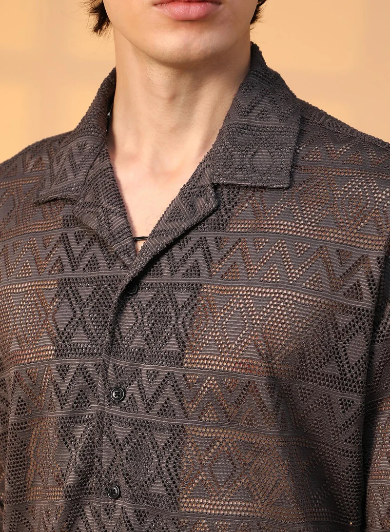 Campus Sutra Men's Chocolate Brown Conoid Knit Oversized Shirt