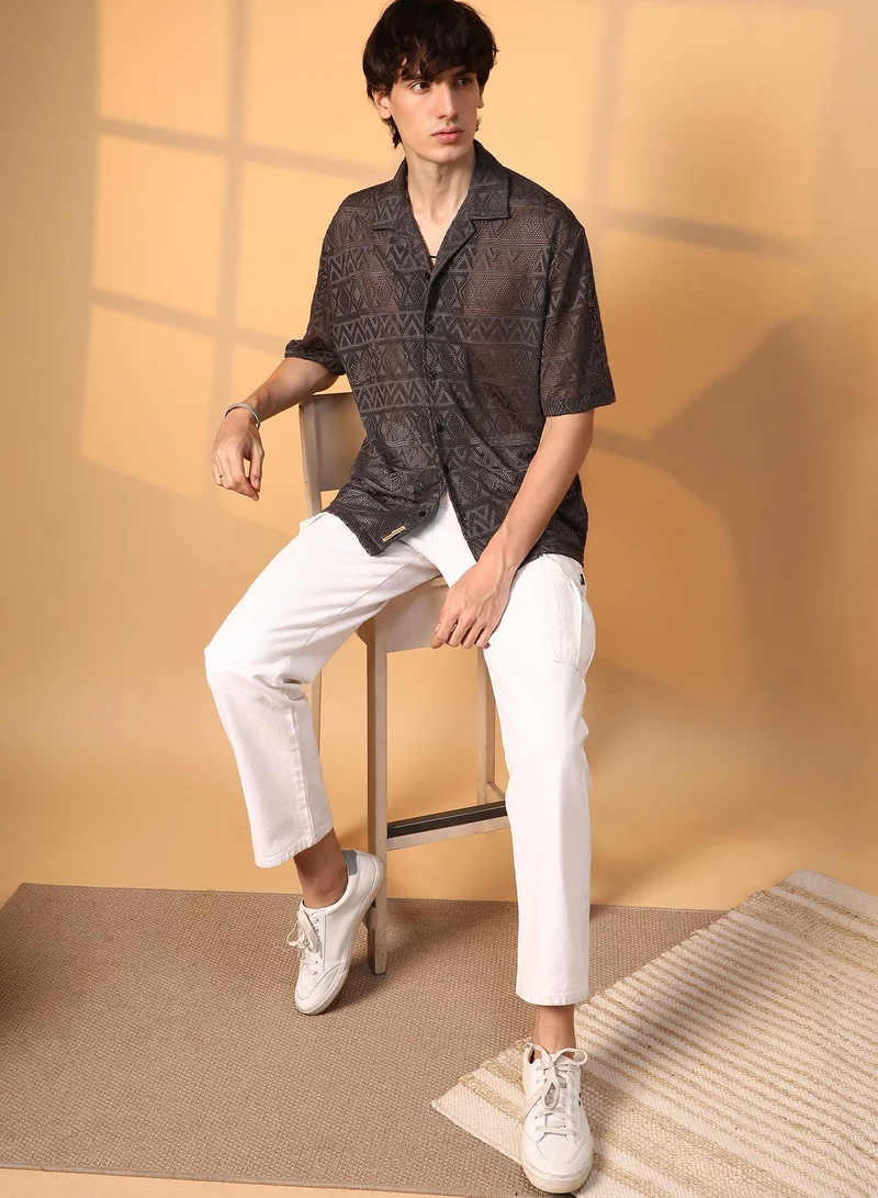 Campus Sutra Men's Chocolate Brown Conoid Knit Oversized Shirt