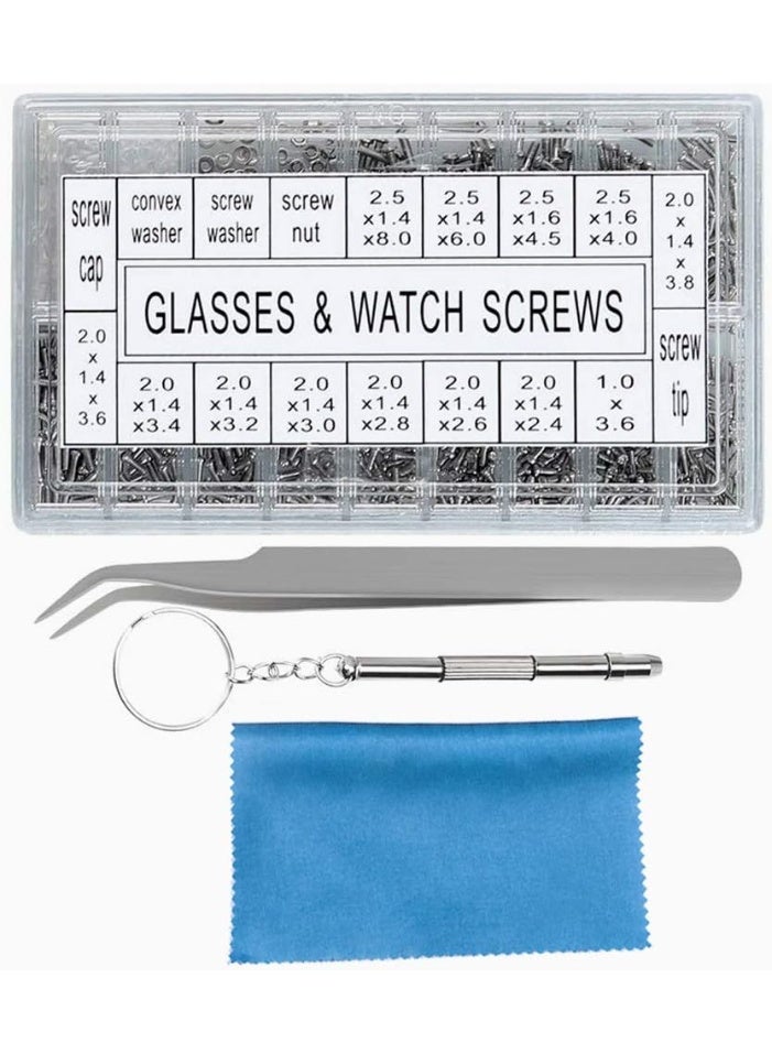 Eyeglass Repair Kit, 1000Pcs Sunglasses Watch Tiny Screws Assortment Stainless Steel with Tweezers Nut Washer Micro 4 in 1 Screwdriver Tool for Spectacles Eyeglasses Glasses Clock Repairing - Image 1