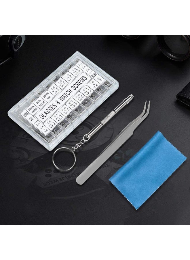 Eyeglass Repair Kit, 1000Pcs Sunglasses Watch Tiny Screws Assortment Stainless Steel with Tweezers Nut Washer Micro 4 in 1 Screwdriver Tool for Spectacles Eyeglasses Glasses Clock Repairing - Image 2