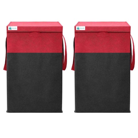 UNICRAFTS Foldable Durable and Collapsible Clothes Laundry Basket Storage Bag with Lid Side Handles 68 L RedBlack Combo Pack of 2 PcEngineered Wood