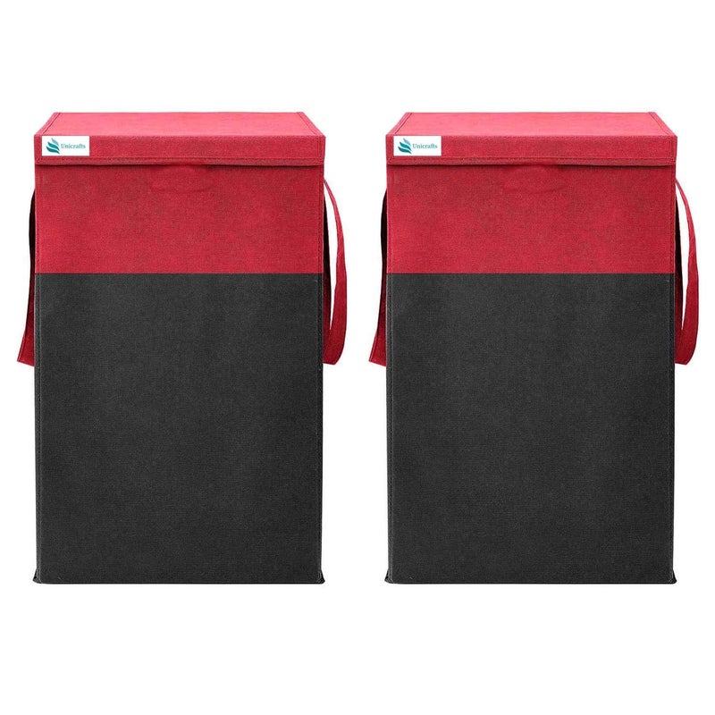 UNICRAFTS Foldable Durable and Collapsible Clothes Laundry Basket Storage Bag with Lid Side Handles 68 L RedBlack Combo Pack of 2 PcEngineered Wood