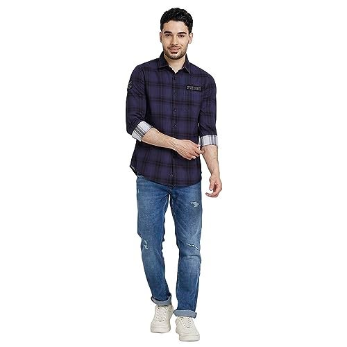 Spykar Men Indigo Blue Cotton Regular Slim Fit Full Sleeve Checkered Shirt - Image 2