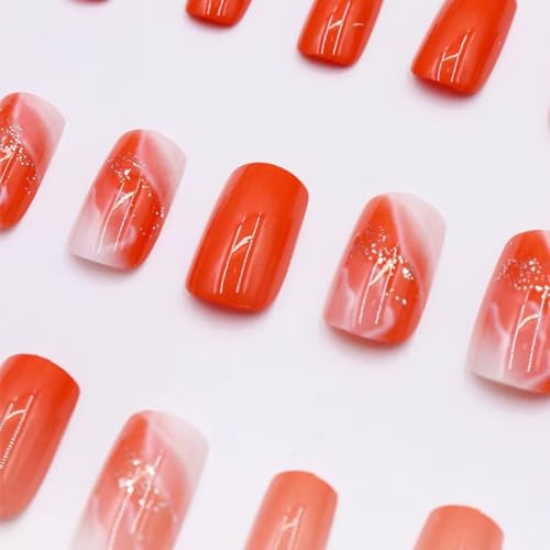 CTTHNBD Orange Press on Nails Medium Square Fake Nails Marble Texture Glossy False Nails with Glitter Gold Foil Design Stick on Nails Full Cover Acrylic Glue on Nails for Women Girls Manicure 24Pcs - Image 4