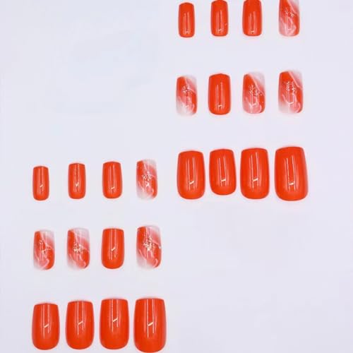 CTTHNBD Orange Press on Nails Medium Square Fake Nails Marble Texture Glossy False Nails with Glitter Gold Foil Design Stick on Nails Full Cover Acrylic Glue on Nails for Women Girls Manicure 24Pcs - Image 3