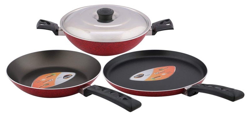 Nirlep Aspa Gift Set of Flat Tawa, Fry Pan and Kadhai with SS lid - Image 1