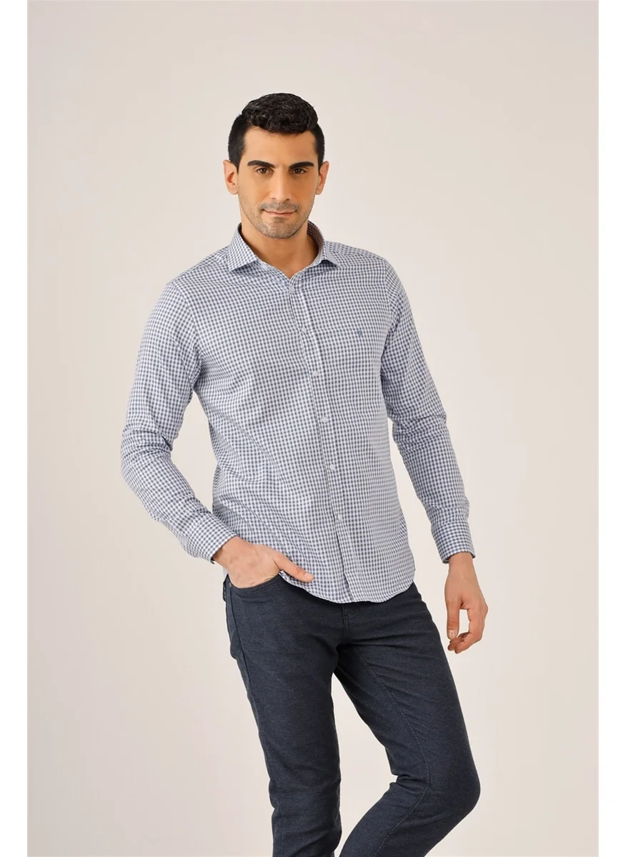 Dufy Dark Blue Men's Slim Fit Half Italian Collar Long Sleeve Shirt