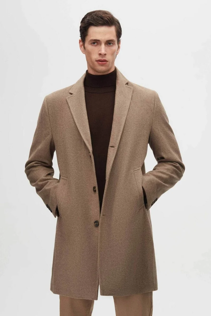 دي أس دامات Regular Fit Beige Mono Collar Cashmere Coat 5HF08ORT10000