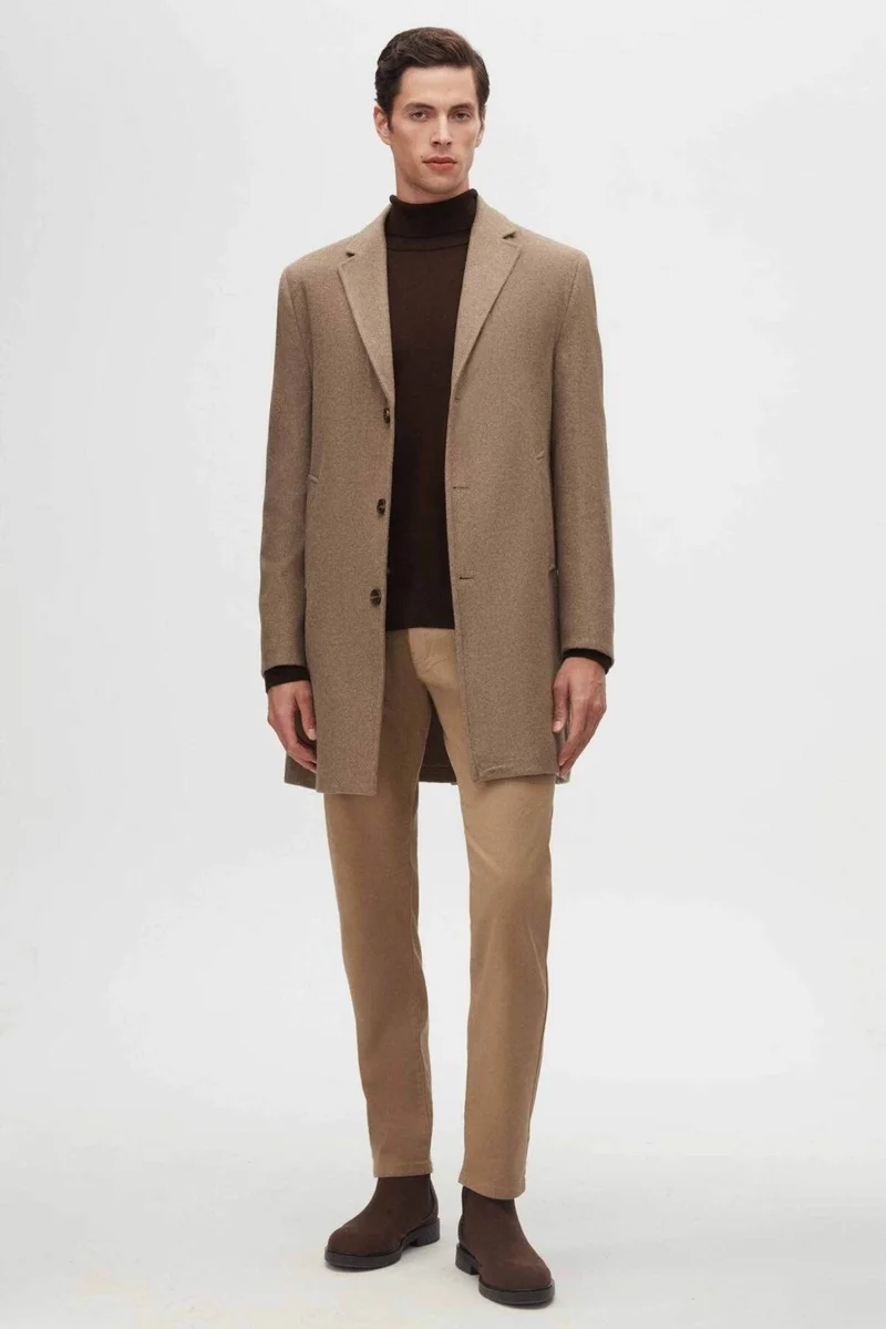 دي أس دامات Regular Fit Beige Mono Collar Cashmere Coat 5HF08ORT10000
