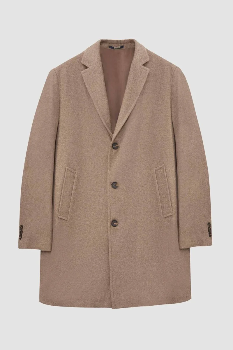 دي أس دامات Regular Fit Beige Mono Collar Cashmere Coat 5HF08ORT10000