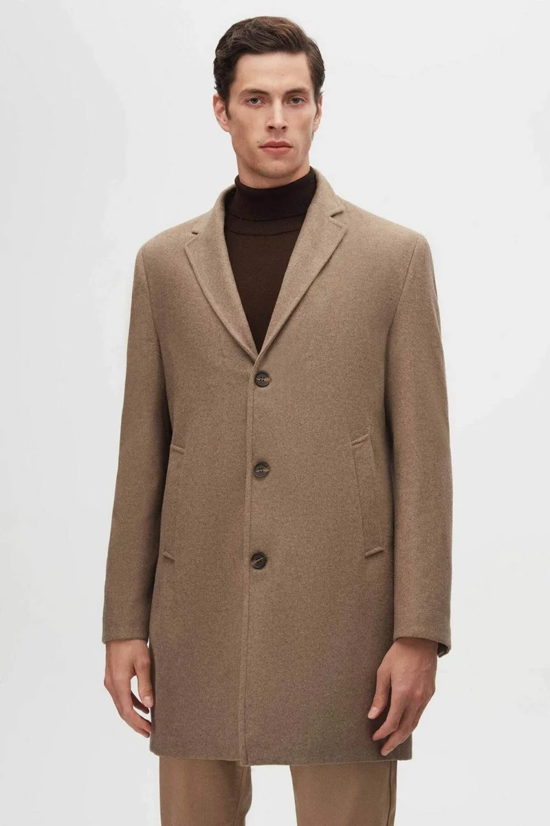 دي أس دامات Regular Fit Beige Mono Collar Cashmere Coat 5HF08ORT10000
