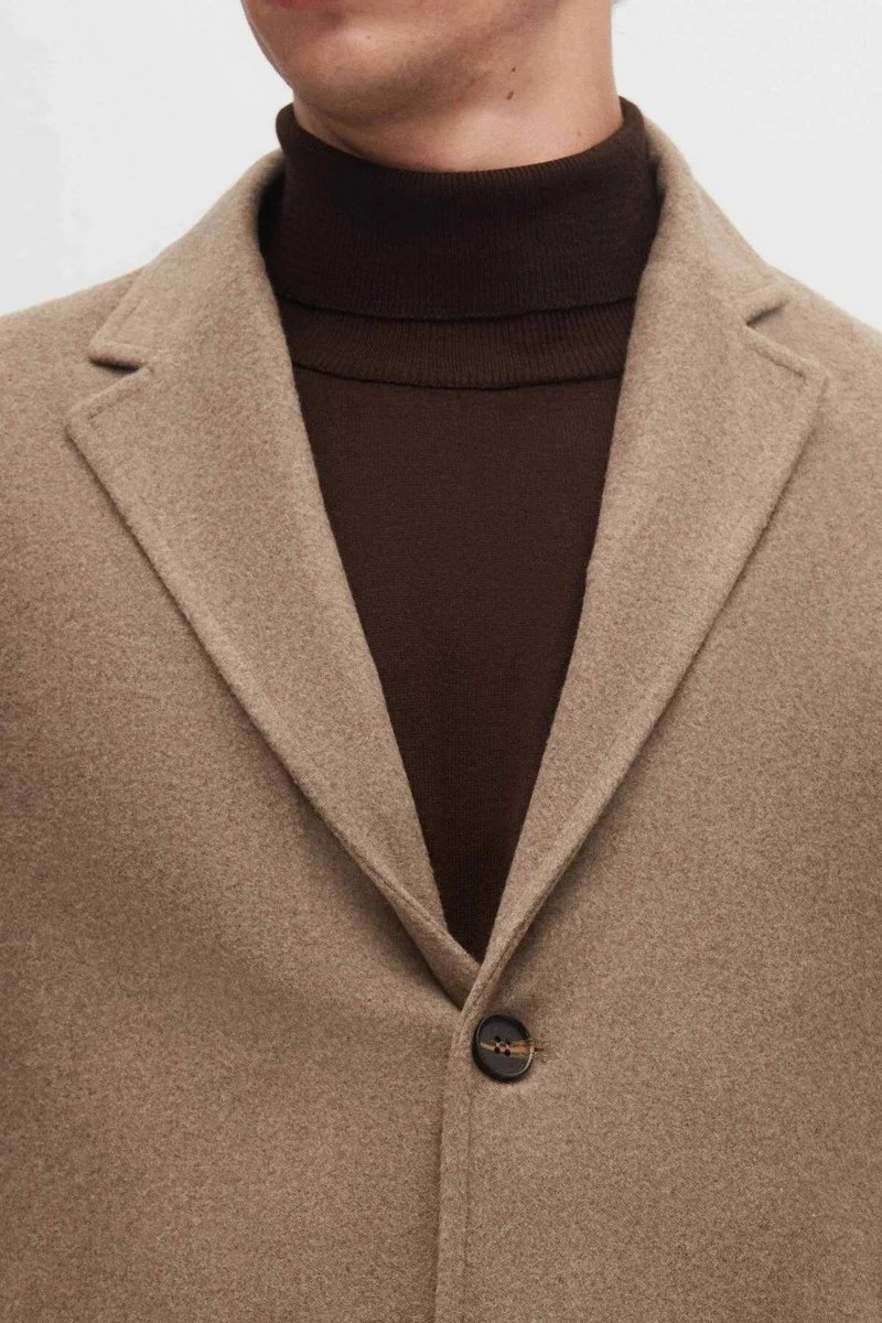 دي أس دامات Regular Fit Beige Mono Collar Cashmere Coat 5HF08ORT10000