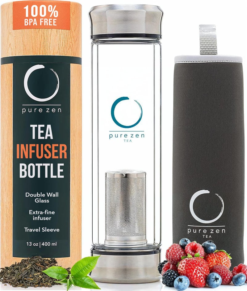 Pure Zen Tea Tumbler with Infuser - Double Wall Glass Travel Mug with Stainless Steel Filter - Leakproof Tea Infuser Bottle for Loose Leaf Tea and Fruit Infused Water - Unique Gift Set - 13 Ounce - Image 1