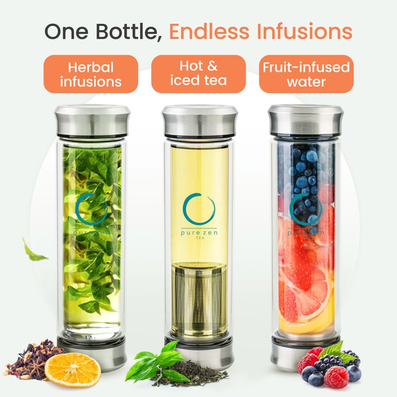 Pure Zen Tea Tumbler with Infuser - Double Wall Glass Travel Mug with Stainless Steel Filter - Leakproof Tea Infuser Bottle for Loose Leaf Tea and Fruit Infused Water - Unique Gift Set - 13 Ounce - Image 2