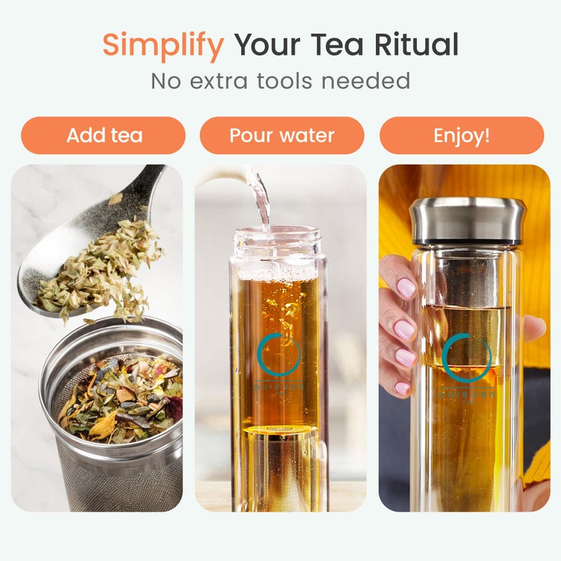 Pure Zen Tea Tumbler with Infuser - Double Wall Glass Travel Mug with Stainless Steel Filter - Leakproof Tea Infuser Bottle for Loose Leaf Tea and Fruit Infused Water - Unique Gift Set - 13 Ounce - Image 3