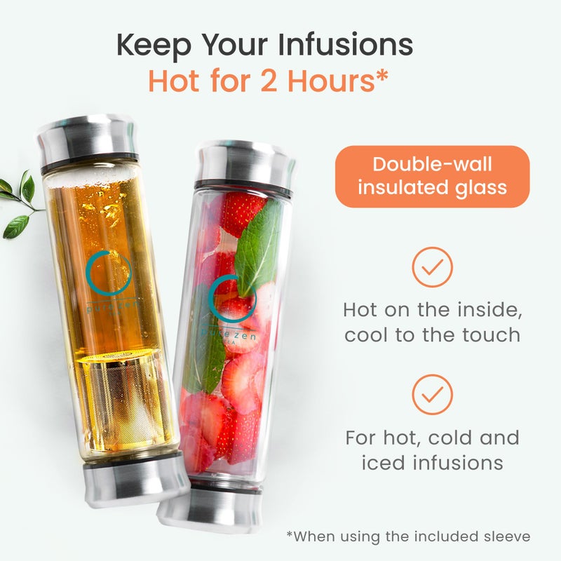 Pure Zen Tea Tumbler with Infuser - Double Wall Glass Travel Mug with Stainless Steel Filter - Leakproof Tea Infuser Bottle for Loose Leaf Tea and Fruit Infused Water - Unique Gift Set - 13 Ounce - Image 4