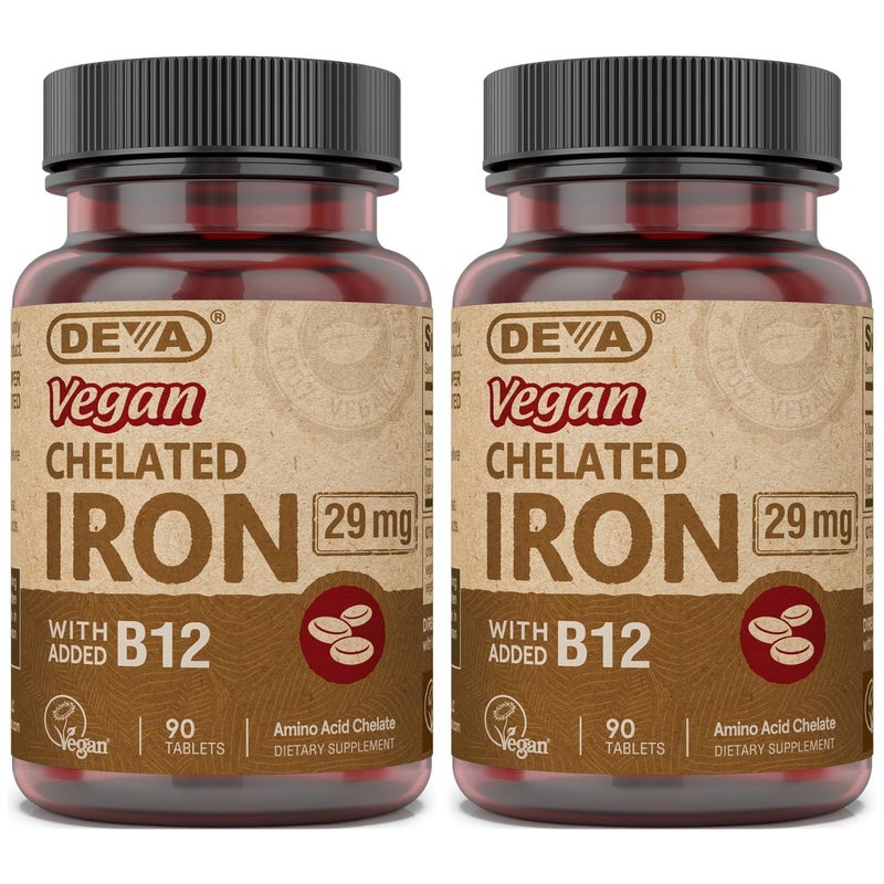 Deva Nutrition Vegan Chelated Iron 29 mg Fortified with B12 High Potency Easy to Swallow 90 Tablets 2Pack