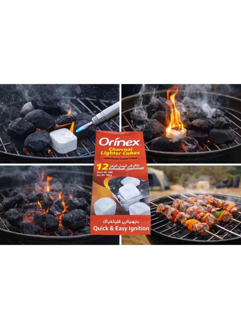 Orinex Charcoal Lighter Cubes – 12 Individually Sealed Fire Starter Blocks for BBQ, Shisha & Camping – Quick Ignition, Smokeless & Odorless - Image 2
