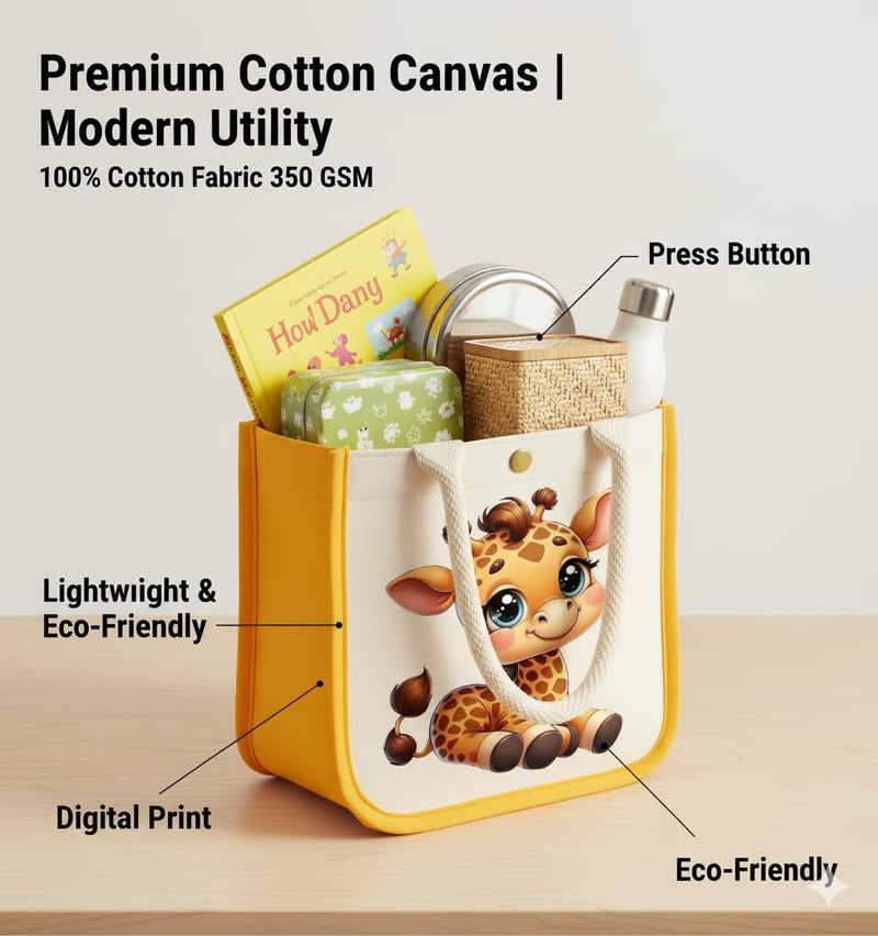 HOBBY INDIA Kids Lunch Bag | Cute & Stylish Mini Tiffin Bag for Boys & Girls | Cute Cotton Cartoon Design I Perfect For Picnic Tuition School, Preschool & Playschool | Gift for Birthdays (Ziraf) - Image 4