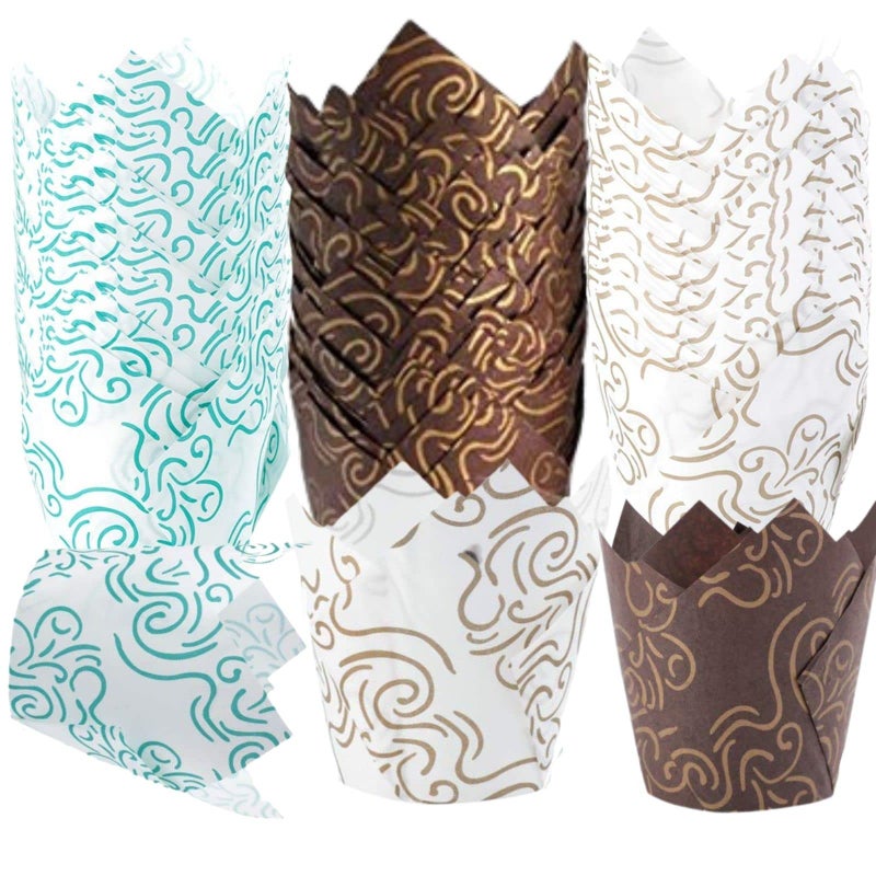 Gandeer Gandeer 600 Pcs Cupcake Liners Tulip Baking Cups Cupcake Tulip Muffin Liners for Baking Brownie Paper Wrappers Greaseproof Holders for Birthday Party WeddingWhiteBrownGreen 