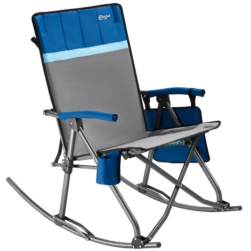 PORTAL Oversized Folding Rocking Camping Chair Portable Outdoor Rocker with High Back Hard Armrests Carry Bag Supports 400 lbs Padded Back Blue