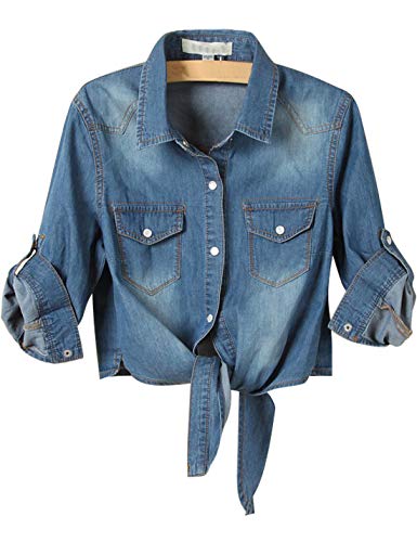 PUWEI Women's Denim Shirts Casual Button Up 3/4 Sleeve Tie Front Jean Crop Tops (1699-DarkBlue-S) - Image 1