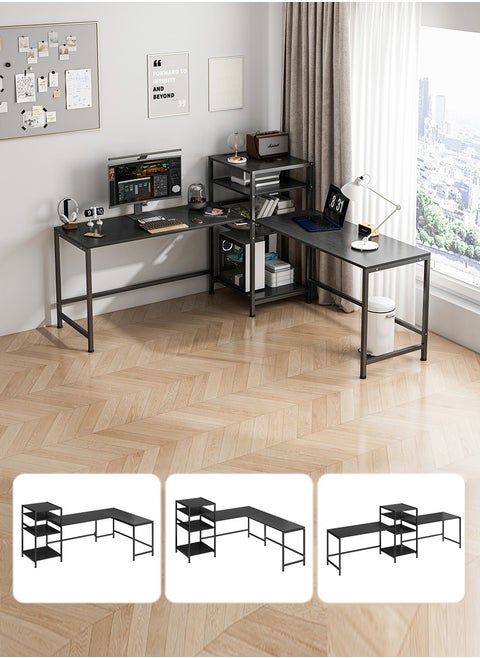 Jantens Black Computer Desk With Bookshelf, L-Shape Corner Office Desk For Home Office Student Study