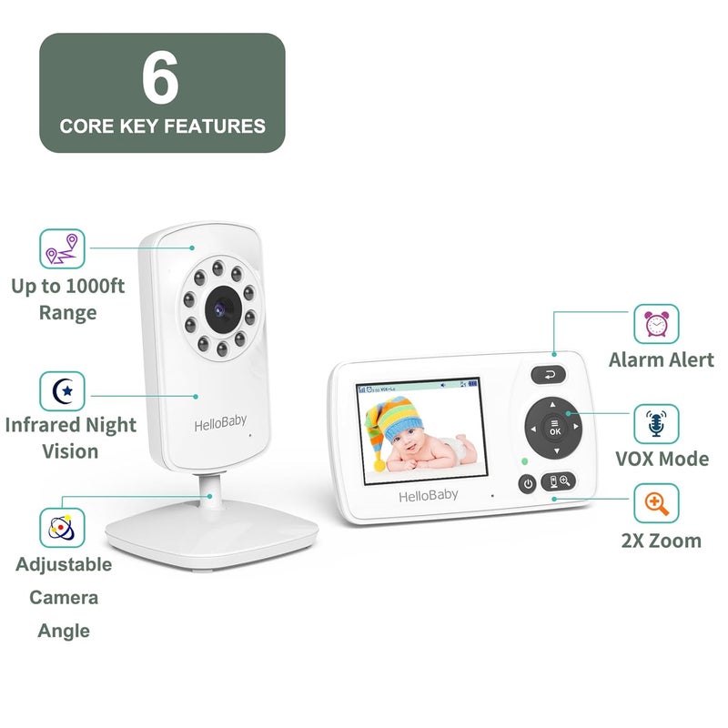 Hellobaby HB30 Video Baby Monitor with Digital Camera and Audio No WiFi No App Safety Baby Monitor 8 Languages Auto Night Vision 1000ft Transmission Range 24 inch Portable Screen White - Image 2