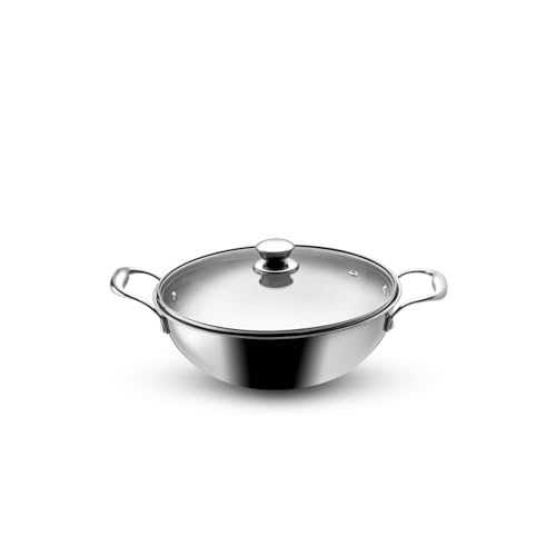 VAYA Hautechef Triply Stainless Steel Kadai with Glass Lid, 20cm, 1.5L, Induction & Gastop Compatible, Heavy-Bottom Kadhai for Deep Frying & Cooking, 100% Pure & Toxin-Free - Image 1